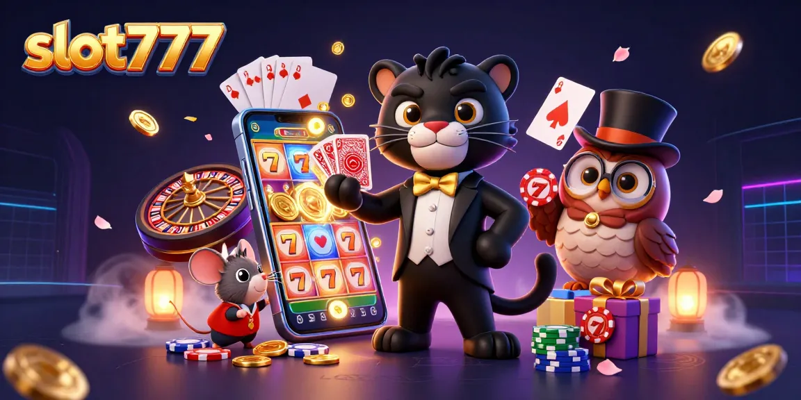 Engage in thrilling slot777 gameplay with our panther dealer, owl, and lucky mouse in a vibrant casino scene.