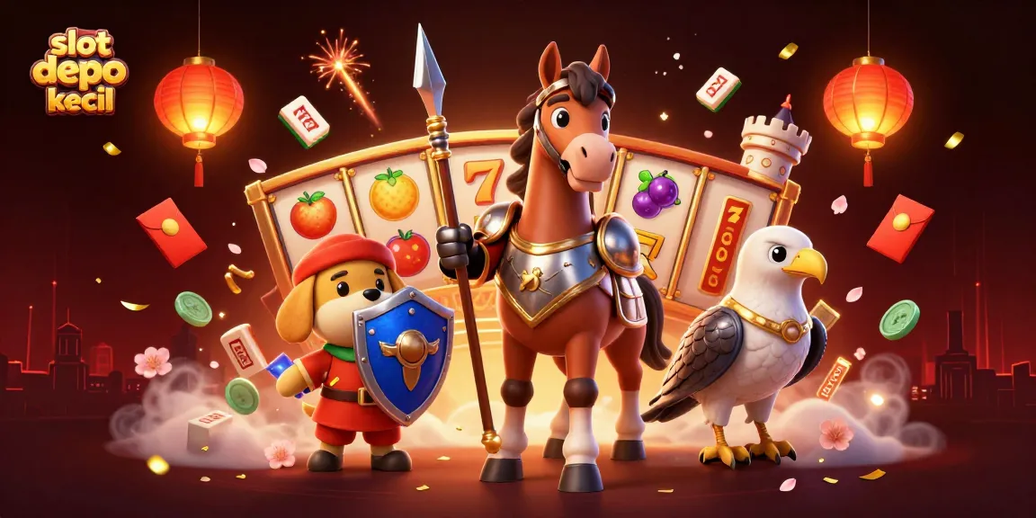 Spin on slot depo kecil with a knight, puppy, and falcon in a vivid casino scene.