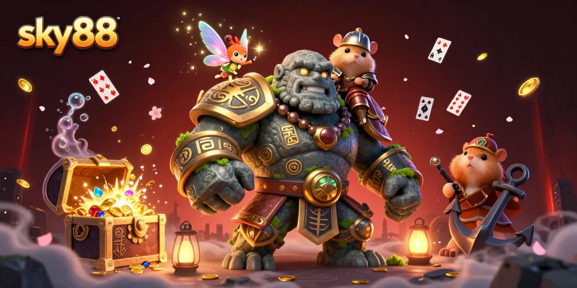 Sky88 transforms your experience with a vibrant golem guardian surrounded by treasures, enhancing your gaming adventures.