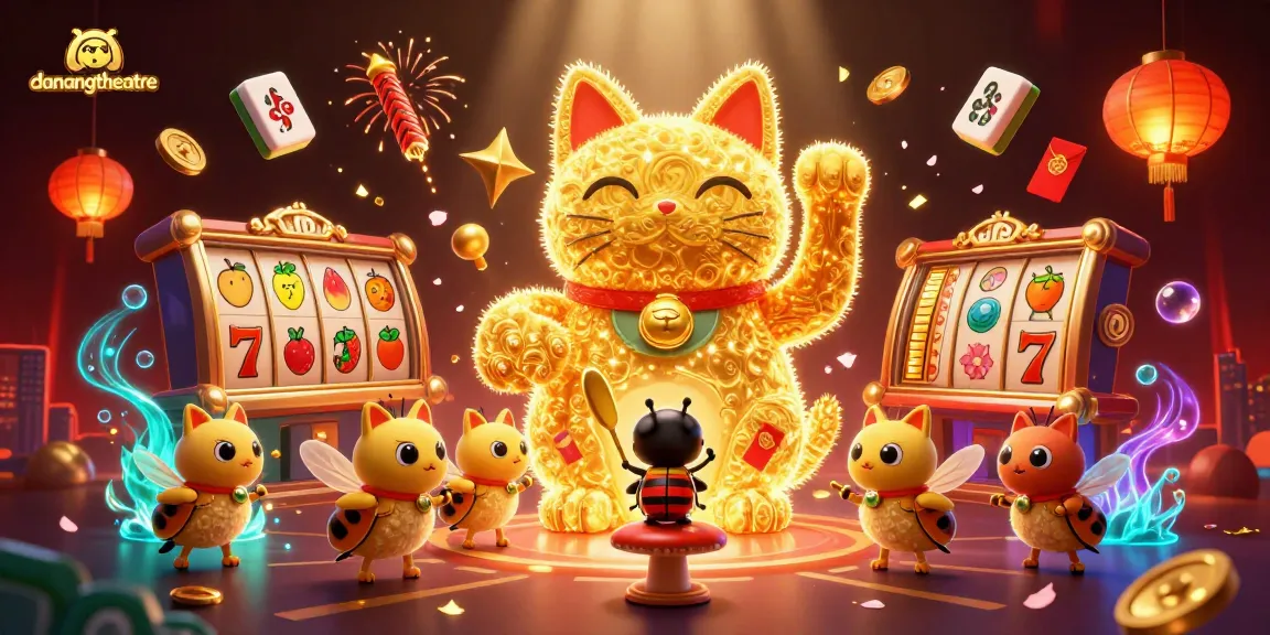 Experience the dynamic danangtheatre scene with vibrant gambling elements and a lucky cat motif.