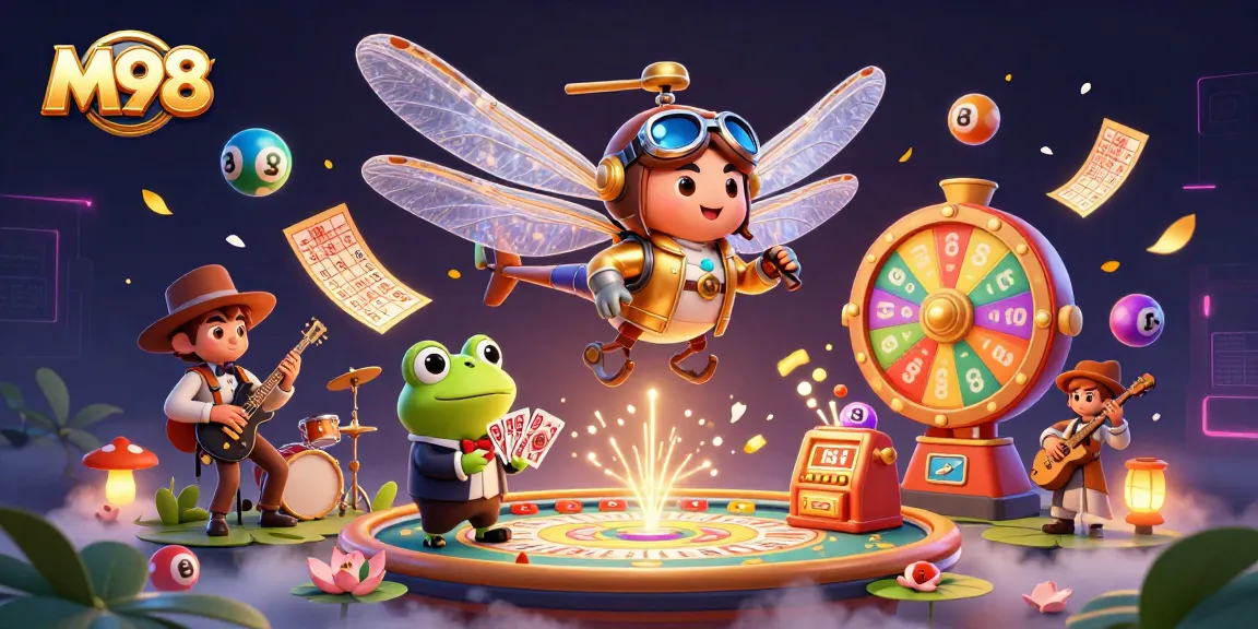 M98 casino scene showcases a vibrant dragonfly pilot and frog croupier amidst cards and lottery balls.