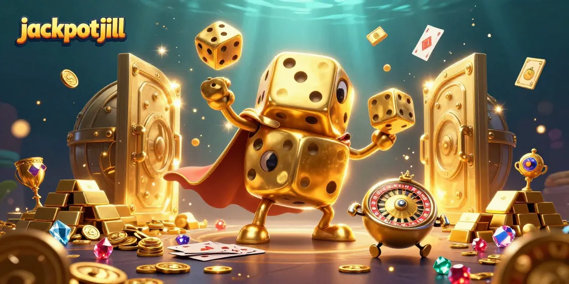 Experience the excitement at jackpotjill with golden dice, jewels, and casino elements.