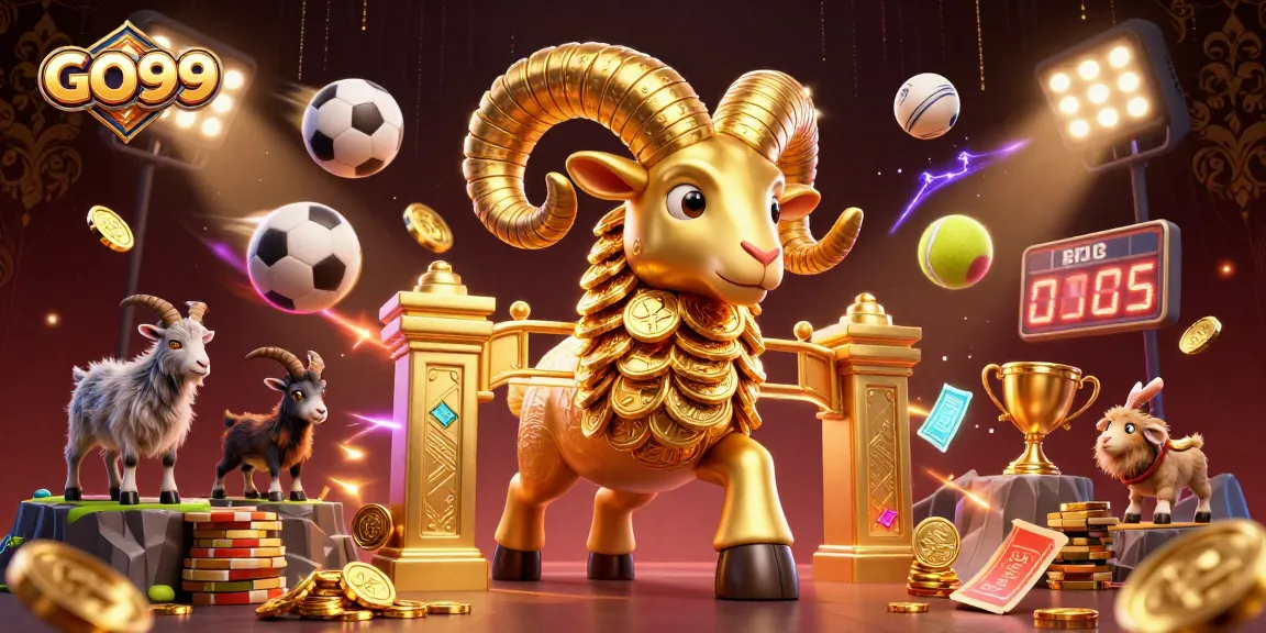 Experience GO99 with thrilling betting excitement featuring a golden ram and dynamic sports elements.