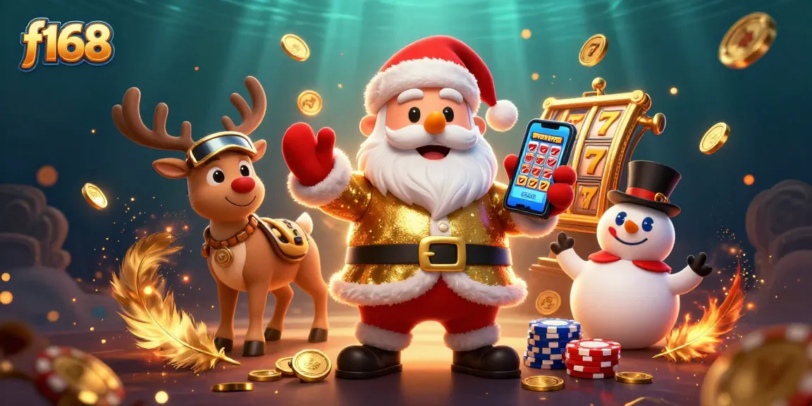 Engage in exciting f168 casino action with Santa, a dealer reindeer, and a chip snowman