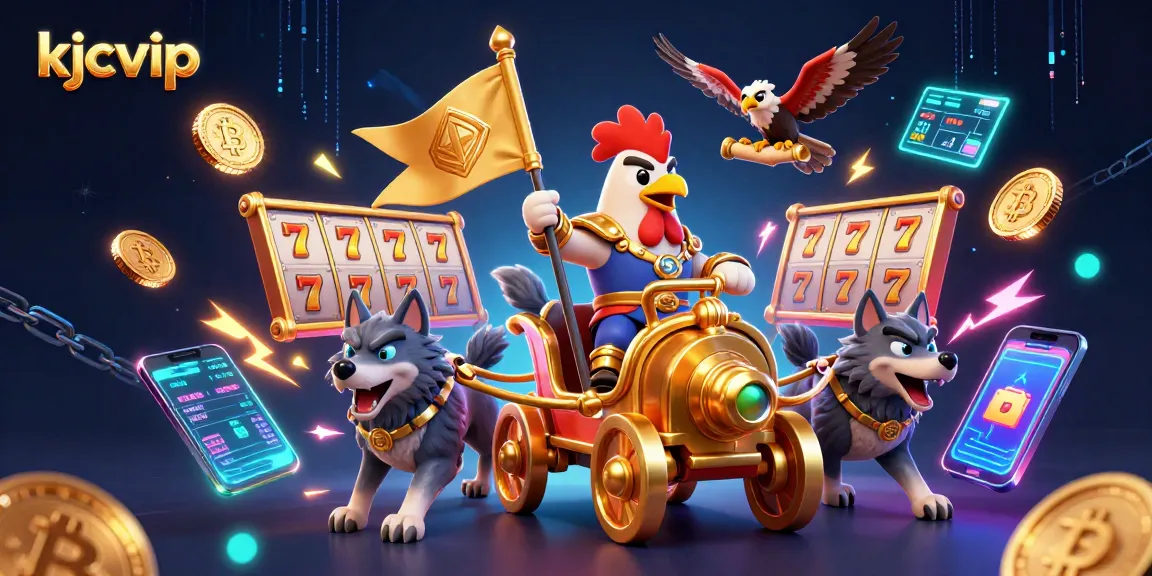 Engage with thrilling luck at kjcvip with a dynamic casino illustration showcasing 3D characters and winning game elements.