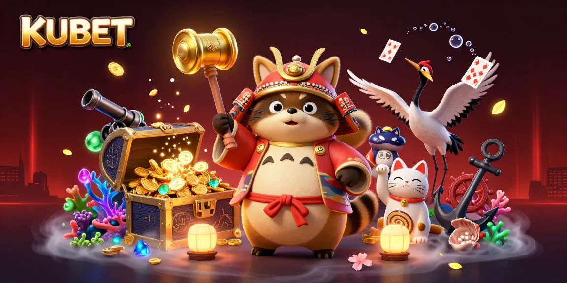 KUBET's colorful illustration featuring a cheerful tanuki enjoying a vibrant casino scene filled with treasures and games.