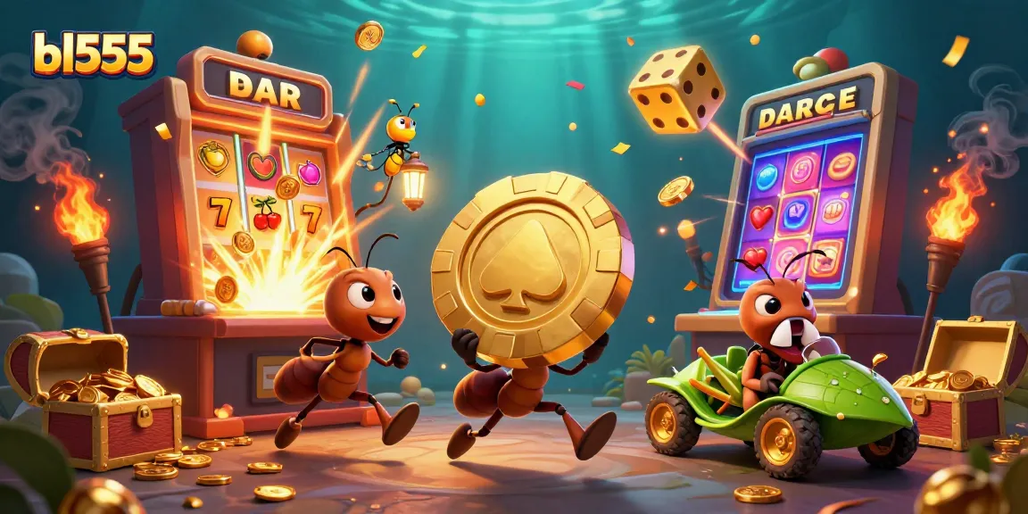 Experience thrilling gambling adventures with bl555's cartoon ants heist illustration, featuring exciting casino elements.