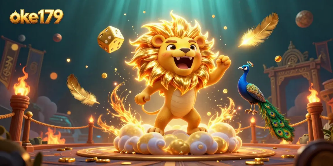 Discover exciting gaming at oke179 with a lion chanting triumphantly in a vibrant casino scene.