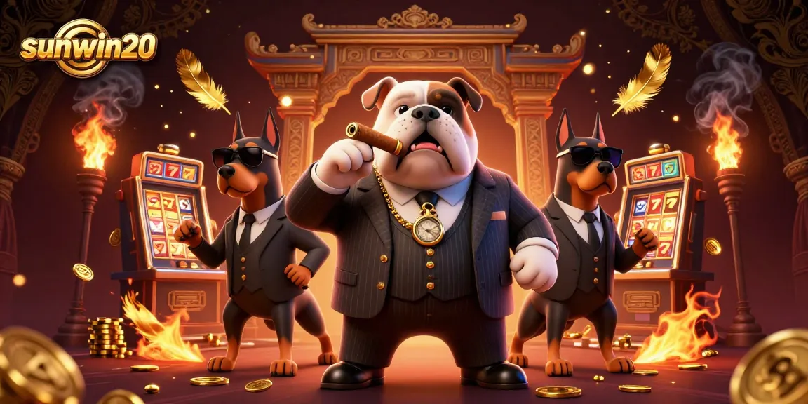 Engage with sunwin20 in a vibrant online casino scene featuring a mafia boss bulldog and dynamic slot game elements.