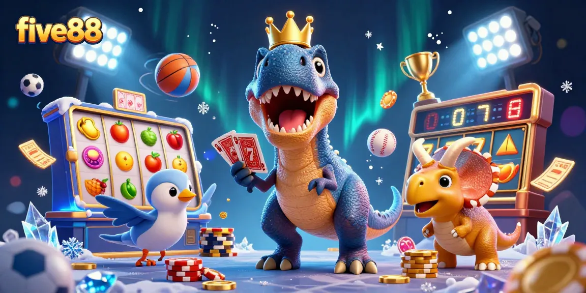 five88 engages with vibrant slots as T-Rex and friends shuffle cards and stack chips in 3D.