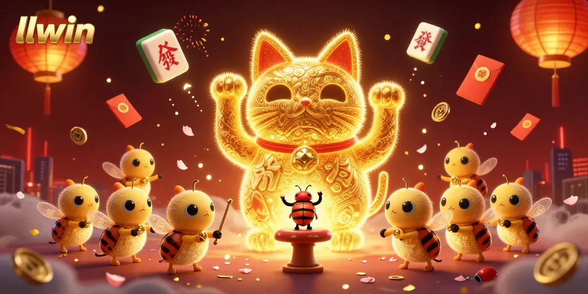 Experience thrilling gaming moments at llwin with a vibrant 3D illustration of a lucky cat and casino symbols.