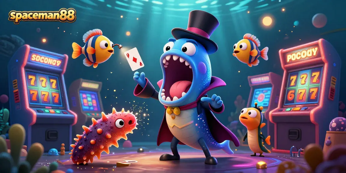 Join the thrilling action at spaceman88 with vibrant slot reels and underwater characters performing magic tricks.